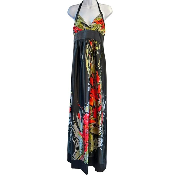 Vintage Y2K Black Red Floral Satin Halter Top Maxi Dress Romantic Goth Summer - Picture 2 of 7